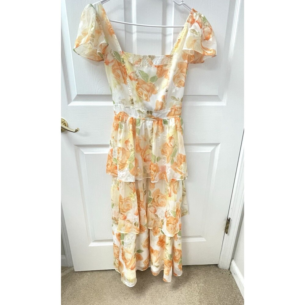 Lulus Beyond Beauty White Orange Tiered Ruffle Midi Women's Size XS